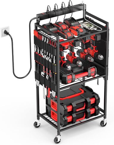 JUNNUJ Garage Large Power Tool Organizer Cart with 8 Outlet 3 USB Charging Station, Floor Rolling Drill and Tools Battery Storage Cart on Wheels, Heavy Duty Utility Rack Shelf with Power Strip in Kuwait