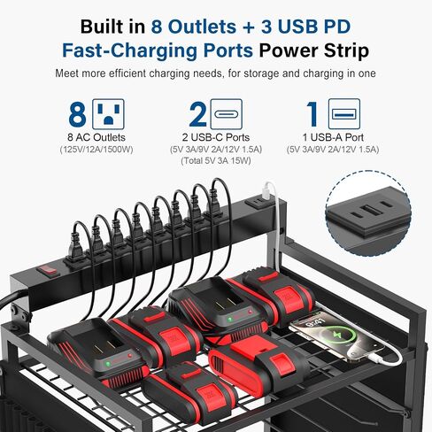JUNNUJ Garage Large Power Tool Organizer Cart with 8 Outlet 3 USB Charging Station, Floor Rolling Drill and Tools Battery Storage Cart on Wheels, Heavy Duty Utility Rack Shelf with Power Strip in Kuwait