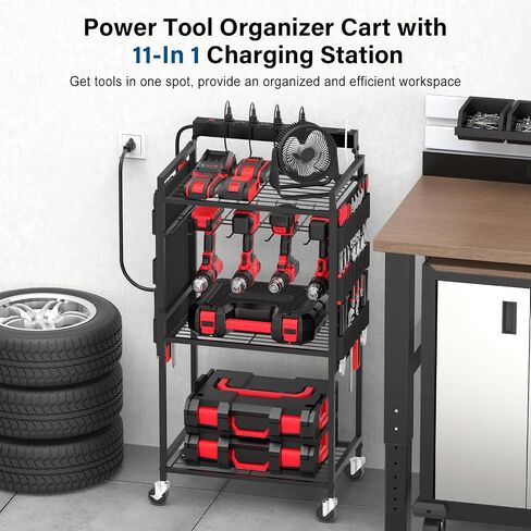 JUNNUJ Garage Large Power Tool Organizer Cart with 8 Outlet 3 USB Charging Station, Floor Rolling Drill and Tools Battery Storage Cart on Wheels, Heavy Duty Utility Rack Shelf with Power Strip in Kuwait