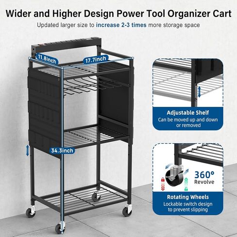 JUNNUJ Garage Large Power Tool Organizer Cart with 8 Outlet 3 USB Charging Station, Floor Rolling Drill and Tools Battery Storage Cart on Wheels, Heavy Duty Utility Rack Shelf with Power Strip in Kuwait