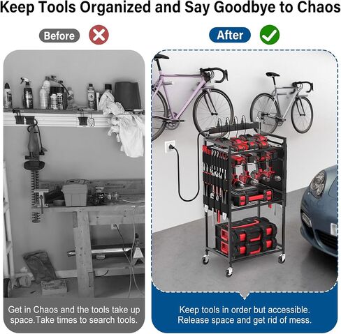 JUNNUJ Garage Large Power Tool Organizer Cart with 8 Outlet 3 USB Charging Station, Floor Rolling Drill and Tools Battery Storage Cart on Wheels, Heavy Duty Utility Rack Shelf with Power Strip in Kuwait