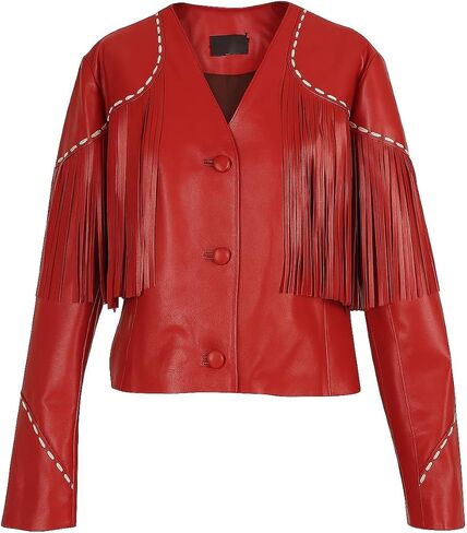 TipTop Western Womens Fringe Real Leather Jacket Regular Black - Red in Saudi Arabia