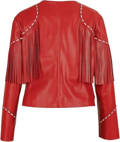 TipTop Western Womens Fringe Real Leather Jacket Regular Black - Red in Saudi Arabia