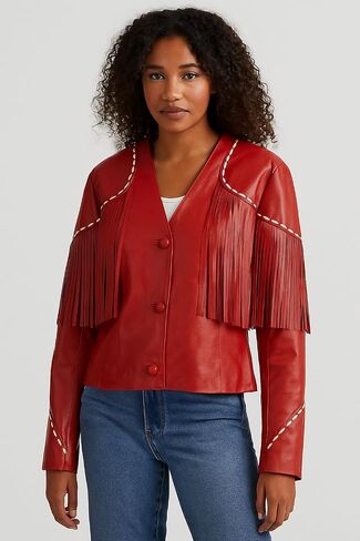 TipTop Western Womens Fringe Real Leather Jacket Regular Black - Red in Saudi Arabia