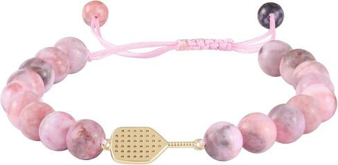 Adjustable Pickleball Bracelet with Crystal Paddle Charm, Pink and Black Beaded Design, Sports Jewelry Gift in Kuwait