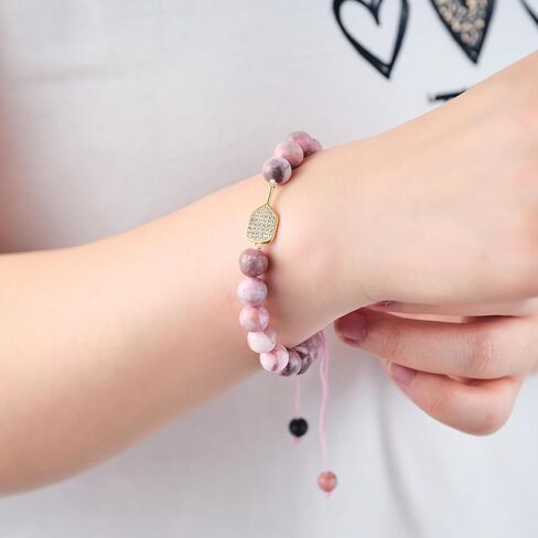 Adjustable Pickleball Bracelet with Crystal Paddle Charm, Pink and Black Beaded Design, Sports Jewelry Gift in Kuwait