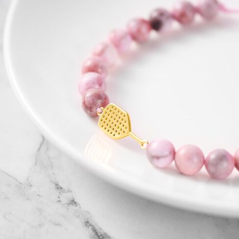 Adjustable Pickleball Bracelet with Crystal Paddle Charm, Pink and Black Beaded Design, Sports Jewelry Gift in Kuwait