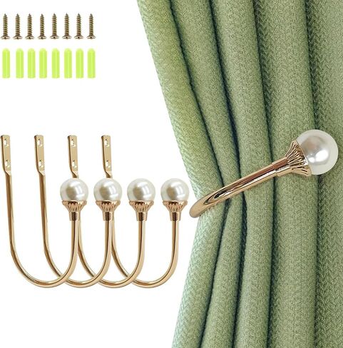 Gold Plastic Pearl U-Shaped Curtain Tie-Backs with Screws, Wall-Mounted Hooks for Home Office Curtains (Pack of 2) in Saudi Arabia