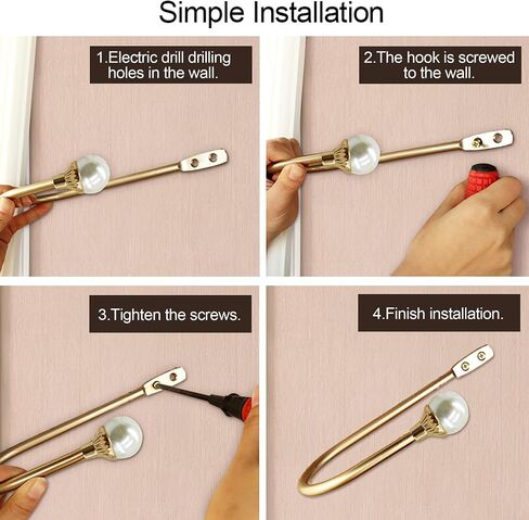 Gold Plastic Pearl U-Shaped Curtain Tie-Backs with Screws, Wall-Mounted Hooks for Home Office Curtains (Pack of 2) in Saudi Arabia