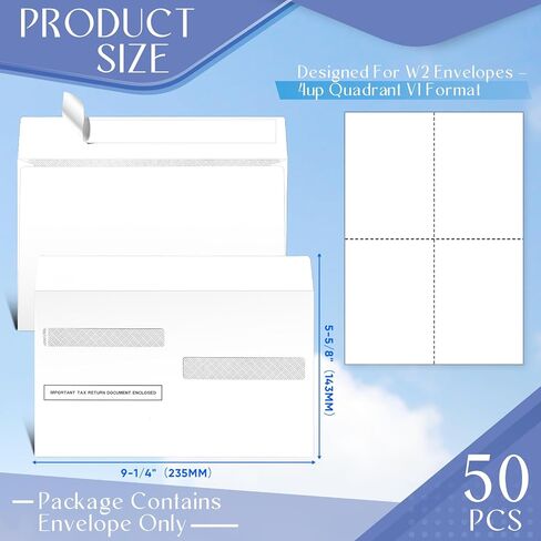 500 Pcs W2 Envelopes 2025 Tax Envelopes Designed for W2 Forms 4-Up Self Sealed 9-1/4" X 5-5/8" Security Peel and Seal Double Window in Saudi Arabia
