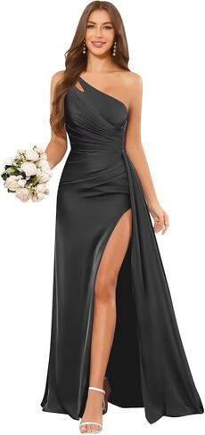 فساتين HYY طويلة بكتف واحد لوصيفات العروس مع فتحة من الساتان الأزرق المغبر بطيات رسمية لحفلات الزفاف مقاس 12 in Kuwait