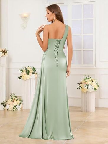 فساتين HYY طويلة بكتف واحد لوصيفات العروس مع فتحة من الساتان الأزرق المغبر بطيات رسمية لحفلات الزفاف مقاس 12 in Kuwait