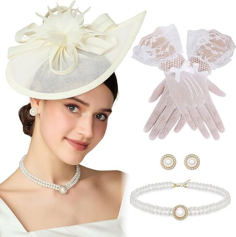 BABEYOND Fascinators Hat for Women - 4Pcs Tea Party Headwear and Gloves Kentucky Church Hat Jewelry Set for Cocktail Wedding in Saudi Arabia