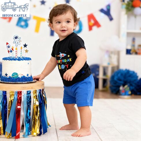 IBTOM CASTLE Baby Boys 1st Birthday Outfit Jungle Safari & Space & Farm Top Shirt Shorts Crown 3PCS Cake Smash Clothes Set in Saudi Arabia