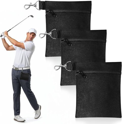 3Pcs Golf Tee Bags 5.51x 6.69 inch Golf Valuables Pouch with Metal Lobster Claw Clip Golf Accessories Bag for Valuables Holder Men Women (Black) in Saudi Arabia