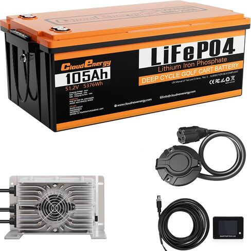 Cloudenergy 48V(51.2V) 105AH LiFePO4 Lithium Golf Cart Battery Built-in 250A BMS,3C Discharge,with 20A Charger,Mobile APP,Touch Monitor,6000+ Cycles,Perfect for Golf Carts (GFA48V-105AH with Charger) in Saudi Arabia