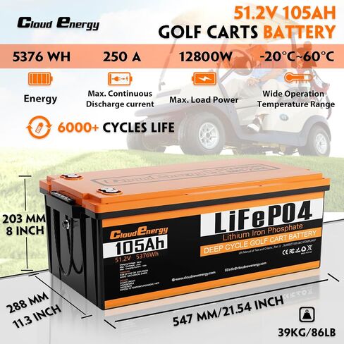 Cloudenergy 48V(51.2V) 105AH LiFePO4 Lithium Golf Cart Battery Built-in 250A BMS,3C Discharge,with 20A Charger,Mobile APP,Touch Monitor,6000+ Cycles,Perfect for Golf Carts (GFA48V-105AH with Charger) in Saudi Arabia