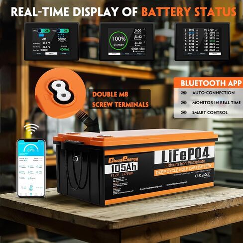 Cloudenergy 48V(51.2V) 105AH LiFePO4 Lithium Golf Cart Battery Built-in 250A BMS,3C Discharge,with 20A Charger,Mobile APP,Touch Monitor,6000+ Cycles,Perfect for Golf Carts (GFA48V-105AH with Charger) in Saudi Arabia