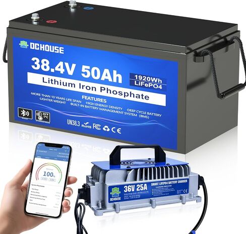DC HOSUE 36V 50AH Lithium Golf Carts Battery,Lifepo4 Battery with 36V 25A Charger, Built-in 2C 100A Bluetooth BMS, Low Temperature Cut Off for Golf Carts under 3KW, Trolling Motors, Boat, RVs in Saudi Arabia
