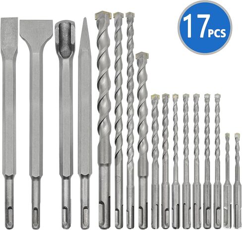 6Pcs SDS Plus Rotary Hammer Drill Bit Set,Concrete Drill Bit Kit with Point Chisel,Flat Chisel,Cross Type Double Thread Carbide Material for Concrete,Stone,Brick,5/32 3/16 1/4 3/8" in Saudi Arabia