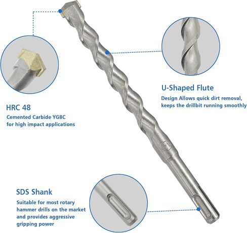6Pcs SDS Plus Rotary Hammer Drill Bit Set,Concrete Drill Bit Kit with Point Chisel,Flat Chisel,Cross Type Double Thread Carbide Material for Concrete,Stone,Brick,5/32 3/16 1/4 3/8" in Saudi Arabia
