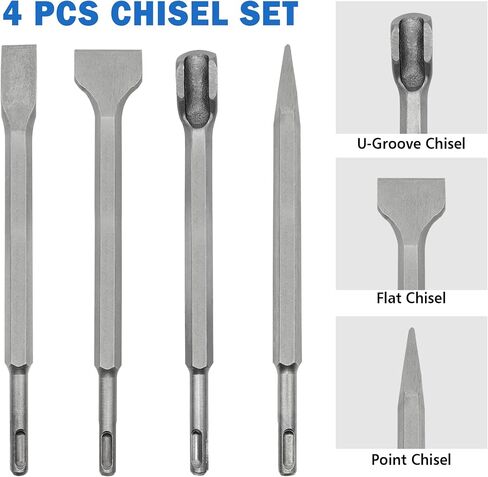 6Pcs SDS Plus Rotary Hammer Drill Bit Set,Concrete Drill Bit Kit with Point Chisel,Flat Chisel,Cross Type Double Thread Carbide Material for Concrete,Stone,Brick,5/32 3/16 1/4 3/8" in Saudi Arabia