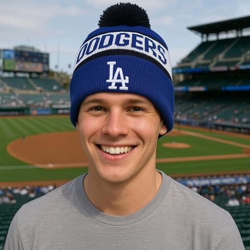 Officially Licensed Los Angeles Baseball Blue/White Cuffed Knit Black Pom Beanie Hat Classic Primary Home LA Embroidered Team Logo Winter Sports Cap in Saudi Arabia