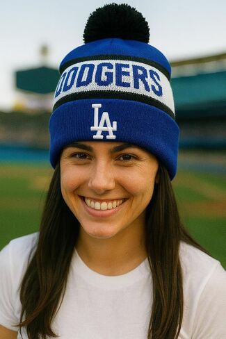 Officially Licensed Los Angeles Baseball Blue/White Cuffed Knit Black Pom Beanie Hat Classic Primary Home LA Embroidered Team Logo Winter Sports Cap in Saudi Arabia
