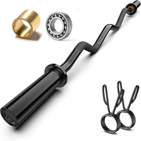 Olympic EZ Curl Barbell Bar 47",Mute Bearings - 2" Curl Bar for Weight Lifting, Hip Thrusts,Biceps,Squat-Home Gym Weight Bar-Chrome Curling Strength Training, 2Pcs Collars(800lbs Weight Capacity) in Kuwait