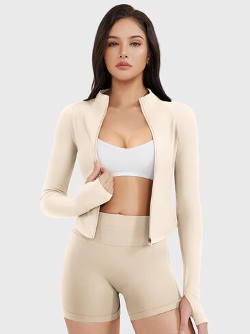 YEOREO SoftHue Women's Athletic Jacket Cropped Long Sleeve Workout Top Zip Up Gym Compression Shirts with Thumb Holes in Saudi Arabia