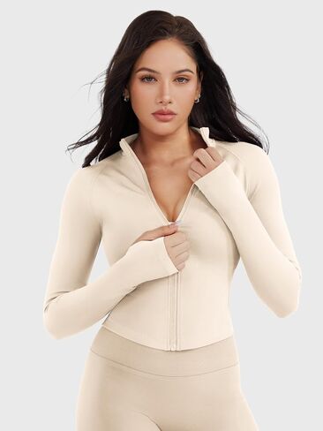 YEOREO SoftHue Women's Athletic Jacket Cropped Long Sleeve Workout Top Zip Up Gym Compression Shirts with Thumb Holes in Saudi Arabia