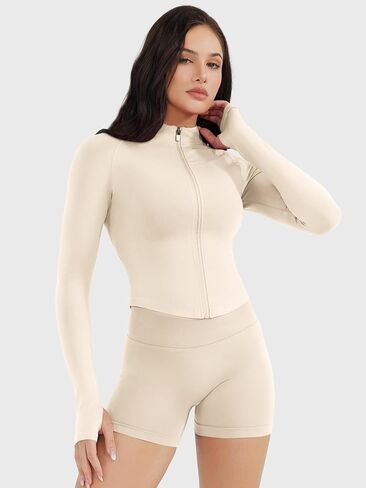 YEOREO SoftHue Women's Athletic Jacket Cropped Long Sleeve Workout Top Zip Up Gym Compression Shirts with Thumb Holes in Saudi Arabia