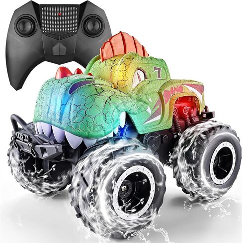 Amphibious Monster Truck Toys, Waterproof Dinosaur Monster Trucks for Boys Age 4-7, 2.4GHz 4WD All Terrain RC Cars with 2 Batteries, 360° Rotating Stunt RC Car Toy Birthday Gift for Kids 3-5 in Saudi Arabia