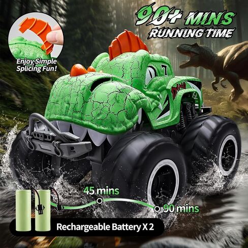 Amphibious Monster Truck Toys, Waterproof Dinosaur Monster Trucks for Boys Age 4-7, 2.4GHz 4WD All Terrain RC Cars with 2 Batteries, 360° Rotating Stunt RC Car Toy Birthday Gift for Kids 3-5 in Saudi Arabia