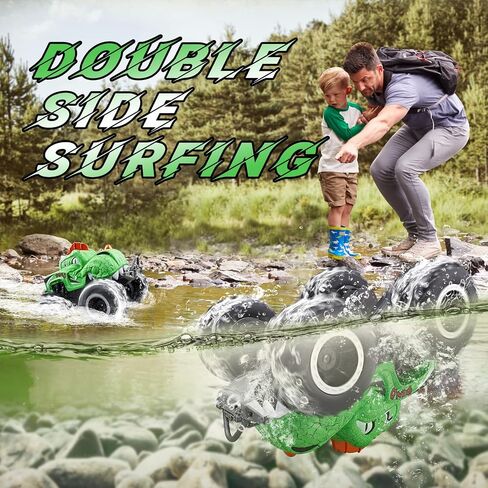 Amphibious Monster Truck Toys, Waterproof Dinosaur Monster Trucks for Boys Age 4-7, 2.4GHz 4WD All Terrain RC Cars with 2 Batteries, 360° Rotating Stunt RC Car Toy Birthday Gift for Kids 3-5 in Saudi Arabia