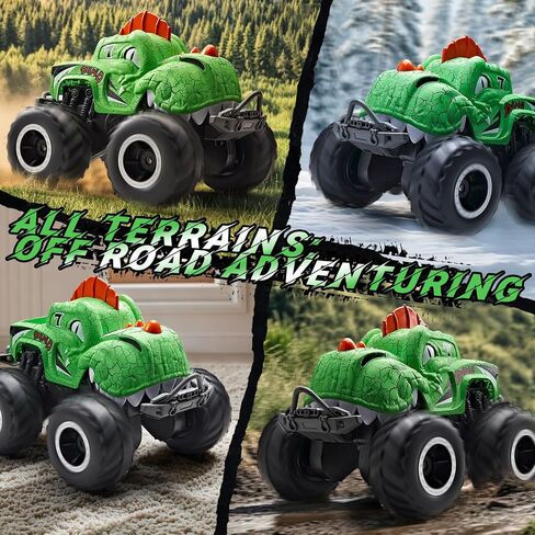 Amphibious Monster Truck Toys, Waterproof Dinosaur Monster Trucks for Boys Age 4-7, 2.4GHz 4WD All Terrain RC Cars with 2 Batteries, 360° Rotating Stunt RC Car Toy Birthday Gift for Kids 3-5 in Saudi Arabia