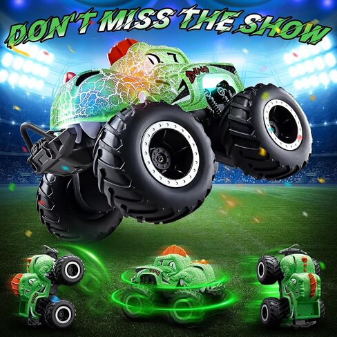 Amphibious Monster Truck Toys, Waterproof Dinosaur Monster Trucks for Boys Age 4-7, 2.4GHz 4WD All Terrain RC Cars with 2 Batteries, 360° Rotating Stunt RC Car Toy Birthday Gift for Kids 3-5 in Saudi Arabia