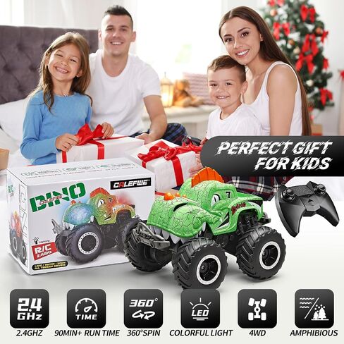 Amphibious Monster Truck Toys, Waterproof Dinosaur Monster Trucks for Boys Age 4-7, 2.4GHz 4WD All Terrain RC Cars with 2 Batteries, 360° Rotating Stunt RC Car Toy Birthday Gift for Kids 3-5 in Saudi Arabia