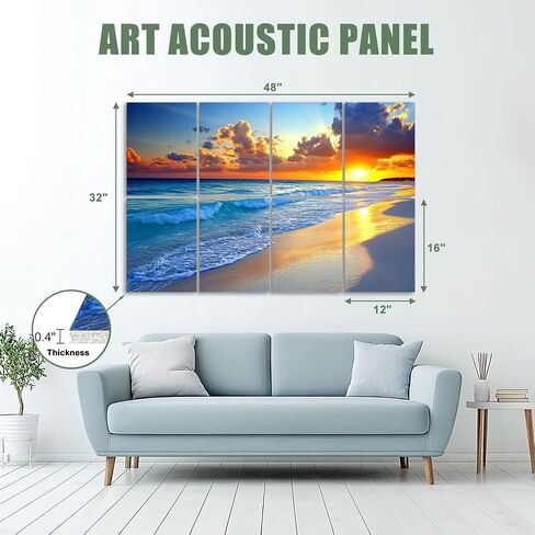 8 Pack Art Acoustic Panels Sound Absorbing Beach Sunset Ocean Waves Nature Pictures Clouds Horizon Photorealism Decorative Soundproof Wall Panels Self Adhesive for Recording Studios Office 48"x32" in Saudi Arabia