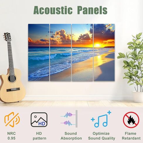 8 Pack Art Acoustic Panels Sound Absorbing Beach Sunset Ocean Waves Nature Pictures Clouds Horizon Photorealism Decorative Soundproof Wall Panels Self Adhesive for Recording Studios Office 48"x32" in Saudi Arabia