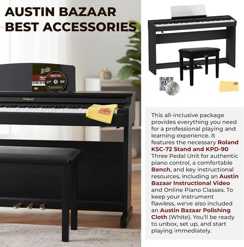 Roland FP-60X 88-Key Digital Piano-حزمة أسود مع حامل ، وثلاث وحدة دواسة ، ومقعد ، وأقراص DVD التعليمية ، ودروس البيانو عبر الإنترنت ، وقطعة قماش تلميع in Saudi Arabia
