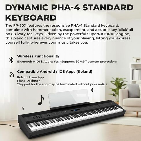 Roland FP-60X 88-Key Digital Piano-حزمة أسود مع حامل ، وثلاث وحدة دواسة ، ومقعد ، وأقراص DVD التعليمية ، ودروس البيانو عبر الإنترنت ، وقطعة قماش تلميع in Saudi Arabia