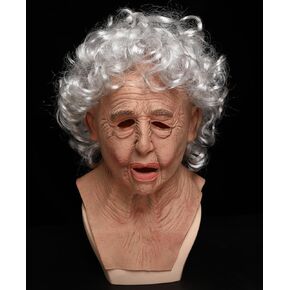 Kuberas Old Woman Mask Realistic Scary Granny Creepy Old Lady with Wrinkled Wig Halloween Cosplay Costume Props for Adults in Kuwait