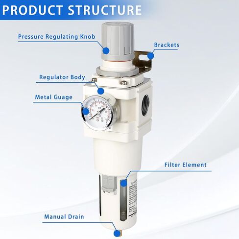WEITENG 1 "NPT Compressed Filter Filter Combo ، 5 Micron Brass Filter ، Semi-Auto Drain ، Polycarbonate Bowl ， 0-150 PSI Gauge ، for Industrial Pneumatic Air in Saudi Arabia
