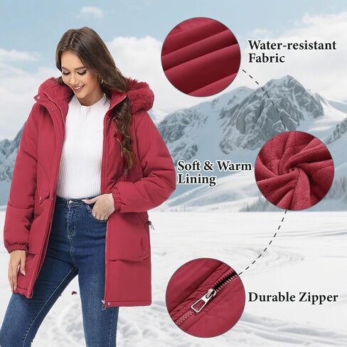 Lamgool Women's Winter Coats Warm Puffer Jackets Windproof Hooded Parka with Removable Faux Fur Trim Hood in Saudi Arabia