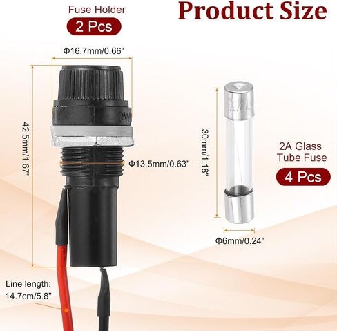 MECCANIXITY 2 قطعة حامل فيوز مثبت على اللوحة، 10/15 أمبير تيار متردد 125/250 فولت 6 × 30 مم حاملات الصمامات ذات الغطاء الطرفي المجرف مع أسلاك ملحومة مسبقًا وصمامات أنبوب زجاجي 4A in Saudi Arabia