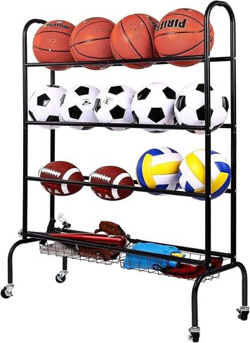 Sports Equipment Organizer, Ball Storage Cart with Baskets and Hooks, Rolling Gear Storage for Garage, Black Steel in Kuwait