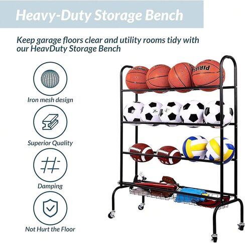 Sports Equipment Organizer, Ball Storage Cart with Baskets and Hooks, Rolling Gear Storage for Garage, Black Steel in Kuwait