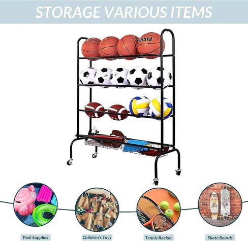 Sports Equipment Organizer, Ball Storage Cart with Baskets and Hooks, Rolling Gear Storage for Garage, Black Steel in Kuwait