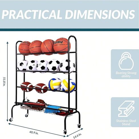 Sports Equipment Organizer, Ball Storage Cart with Baskets and Hooks, Rolling Gear Storage for Garage, Black Steel in Kuwait